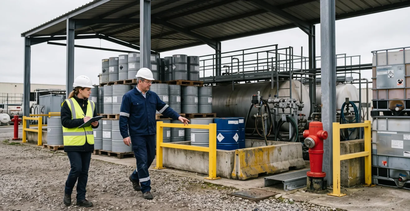 Un ingénieur prévention et un expert en risques inspectent une zone de stockage de produits chimiques sur un site industriel en France.