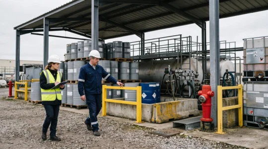 Un ingénieur prévention et un expert en risques inspectent une zone de stockage de produits chimiques sur un site industriel en France.