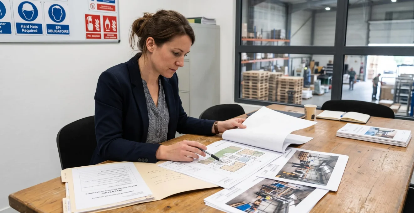 Une gestionnaire de risques examine des plans de site et des documents pour préparer un dossier d'assurance.